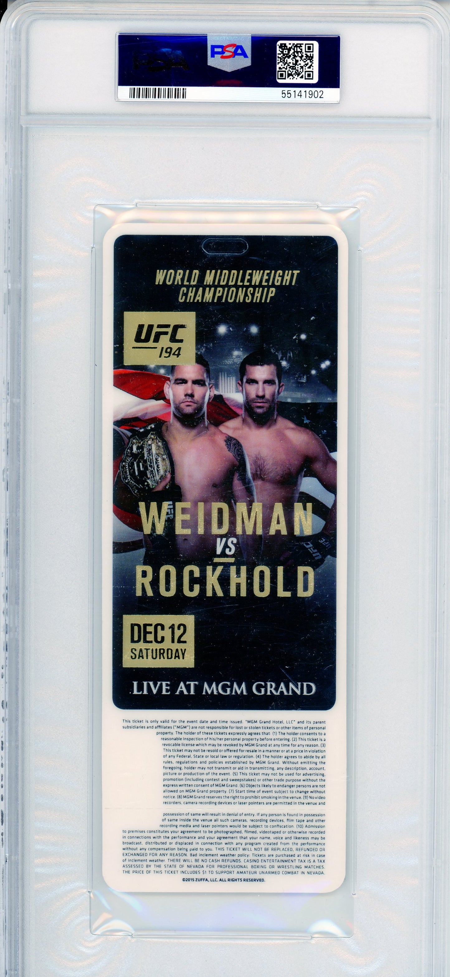 2015 UFC 194 Aldo vs. McGregor Graded UFC Ticket PSA 8 McGregor First Round KO