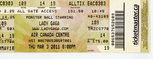 Lady Gaga Vintage Concert Ticket Stub Air Canada Centre (Toronto, 2011)