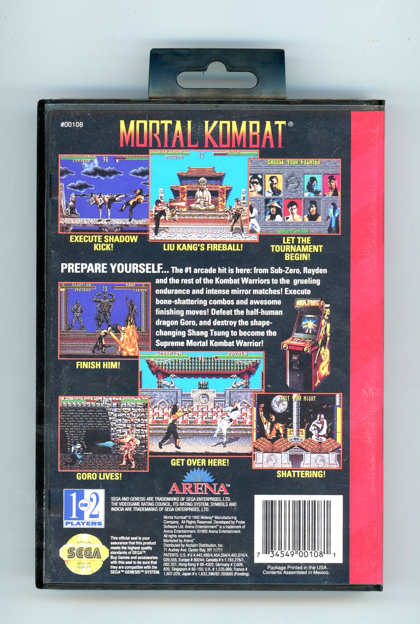1992 Mortal Kombat Sega Genesis Video Game Cartridge Complete in Box