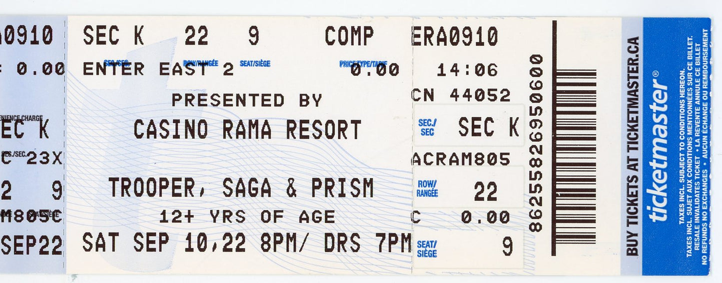 Trooper, Saga, & Prism Concert Ticket Stub Casino Rama (Orillia, 2022)