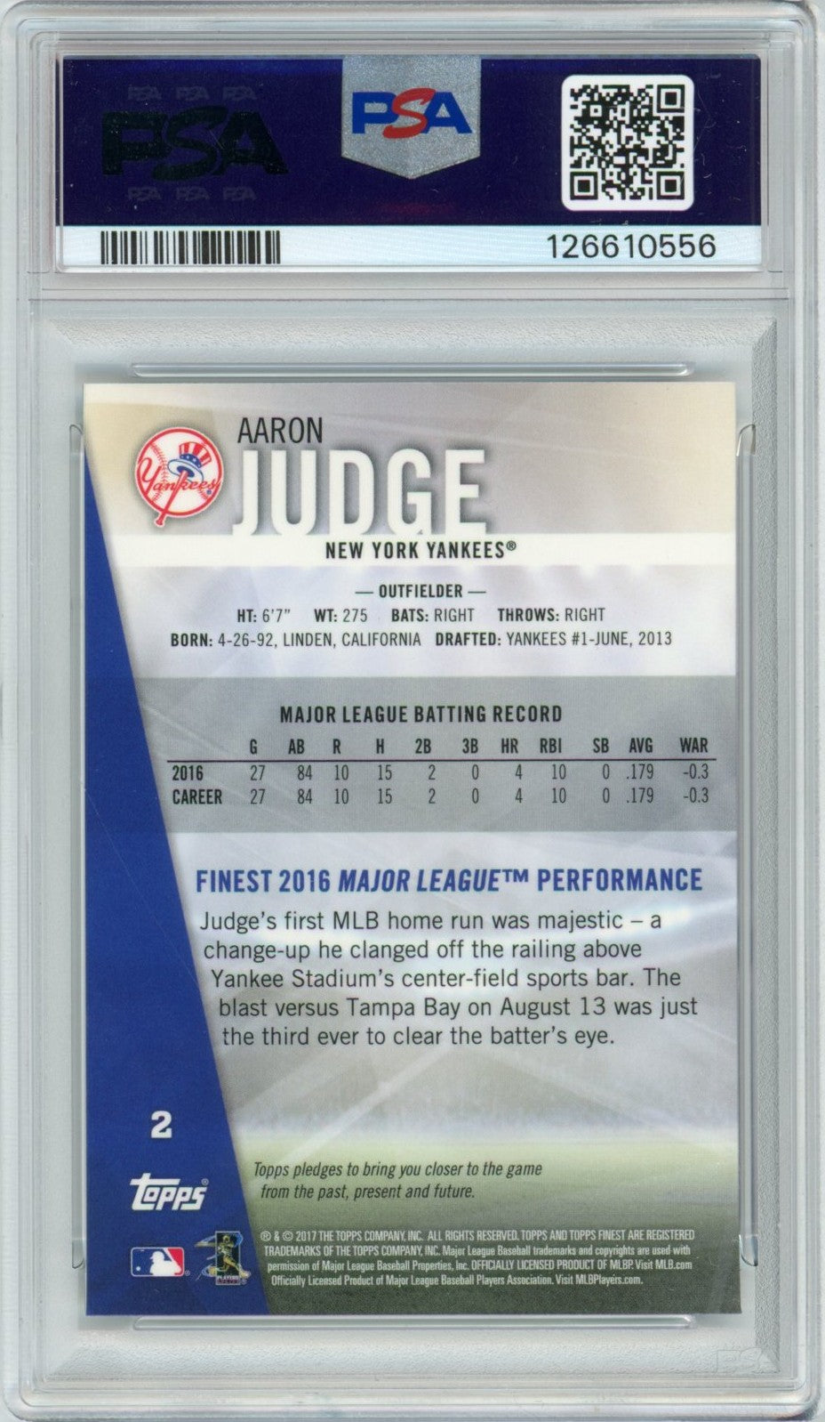 2017 Topps Finest Aaron Judge Graded Rookie Card #2 PSA 10