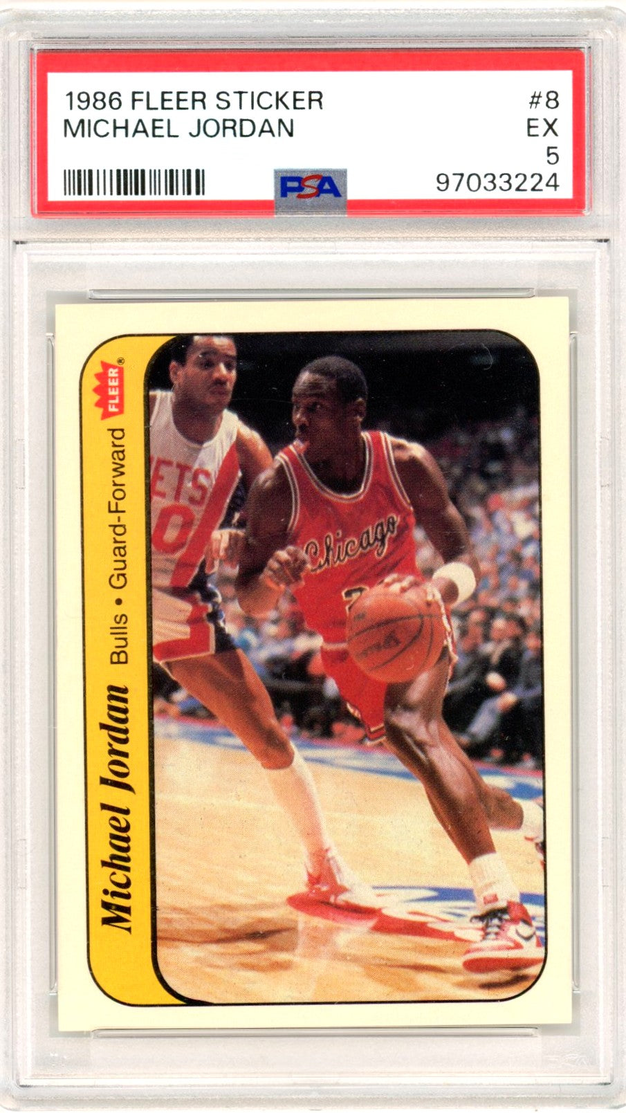 1986 Fleer Sticker Michael Jordan #8 Graded Rookie Sticker Basketball Card PSA 5
