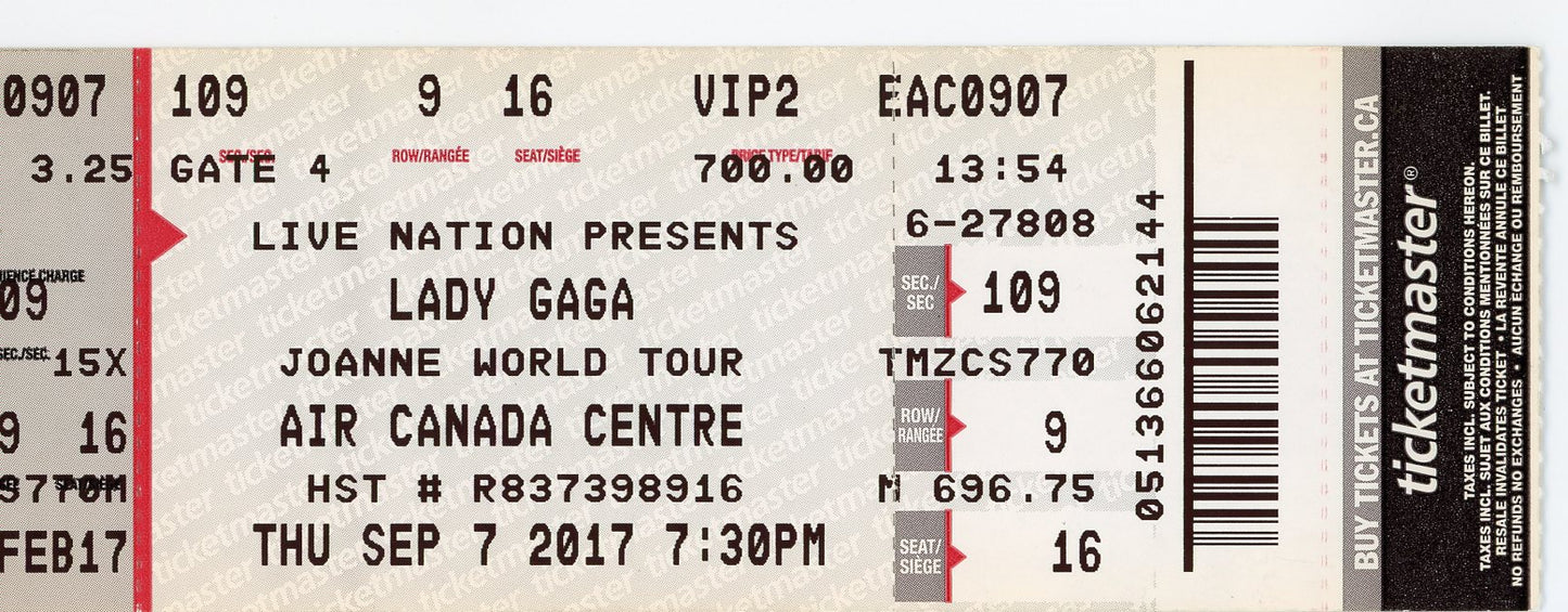 Lady Gaga Concert Ticket Stub Air Canada Centre (Toronto, 2017)