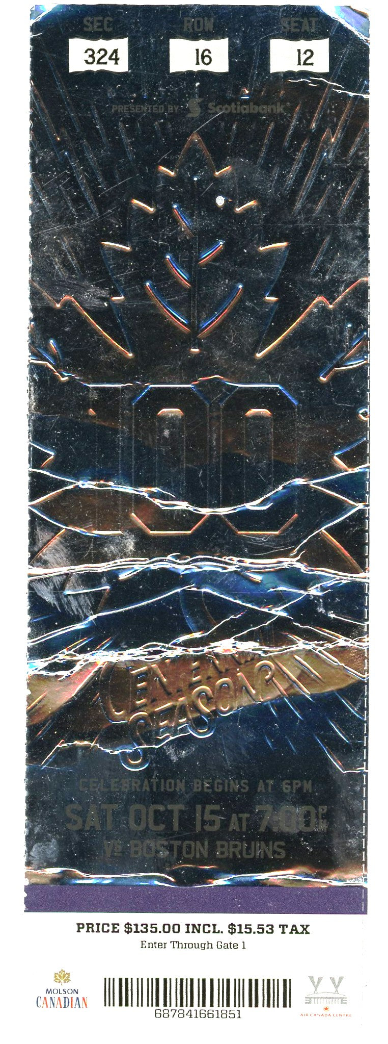 Maple Leafs vs. Boston Bruins Centennial Season Silver Foil Ticket ACC (Toronto, 2016)