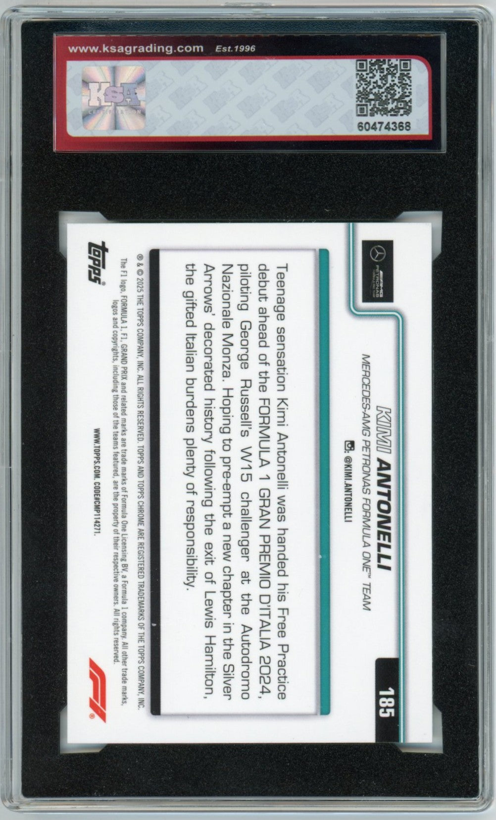 2025 Topps Chrome Formula 1 F1 Kimi Antonelli On the Move #185 Graded Rookie Card KSA 9.5