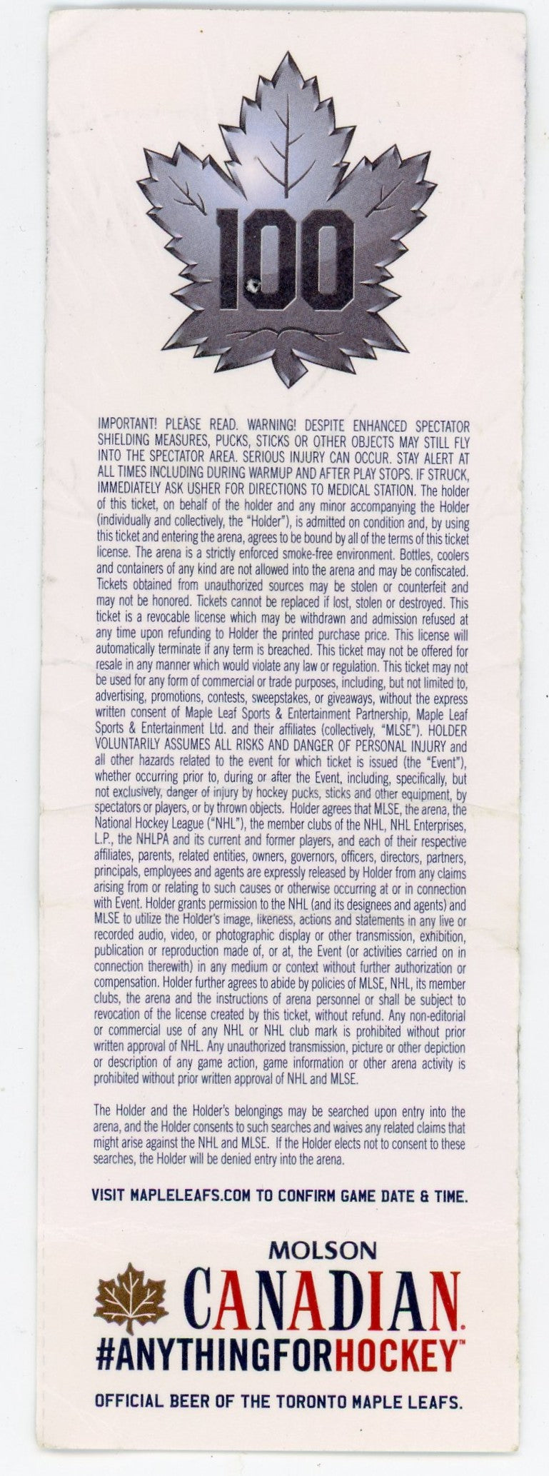 Maple Leafs vs. Boston Bruins Centennial Season Silver Foil Ticket ACC (Toronto, 2016)