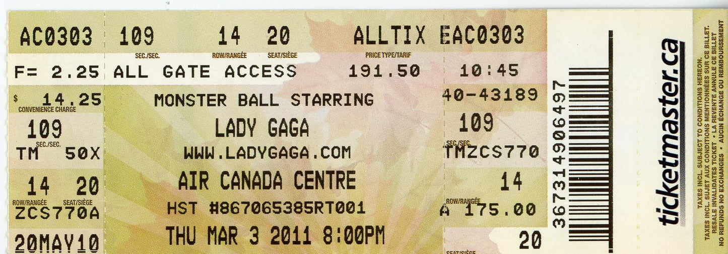 Lady Gaga Concert Ticket Stub Air Canada Centre (Toronto, 2011)
