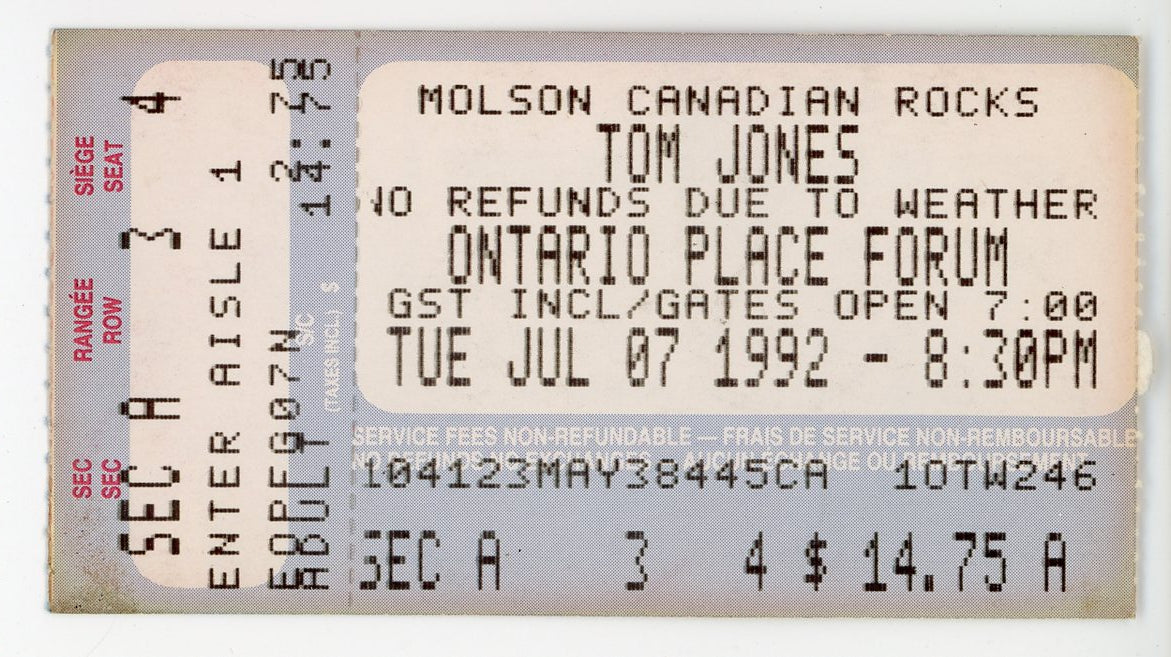 Tom Jones Vintage Concert Ticket Stub Ontario Place (Toronto, 1992)