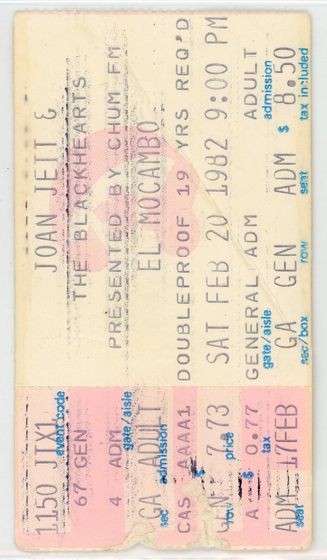 Joan Jett & the Blackhearts Vintage Concert Ticket El Mocambo (Toronto, 1982) Rare