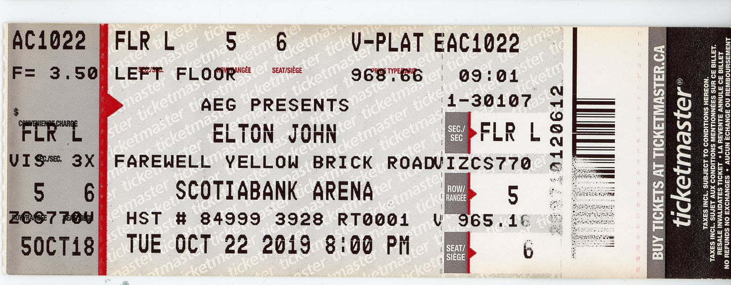 Elton John Concert Ticket Scotiabank Arena (Toronto, 2019)