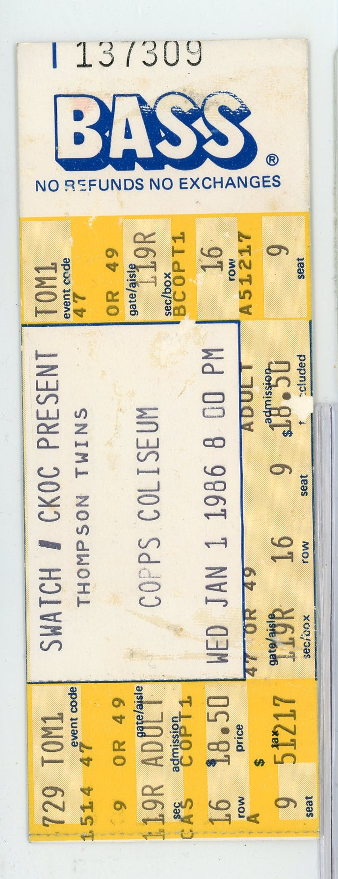 Thompson Twins Vintage Ticket Stub Copps Coliseum (Hamilton, 1986)