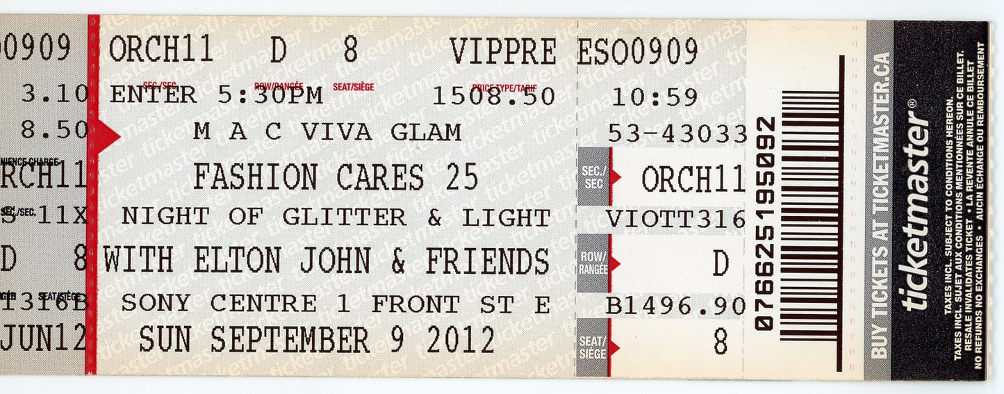 Fashion Cares with Elton John Vintage Concert Ticket Stub Sony Centre (Toronto, 2012)