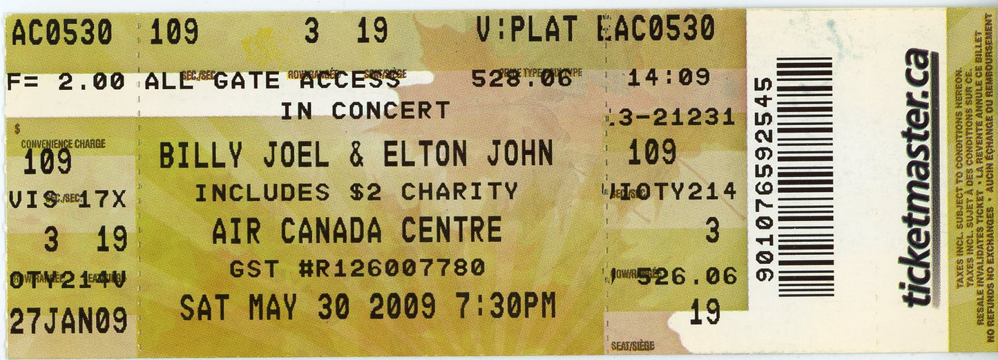 Billy Joel & Elton John Vintage Concert Ticket Air Canada Centre (Toronto, 2009)