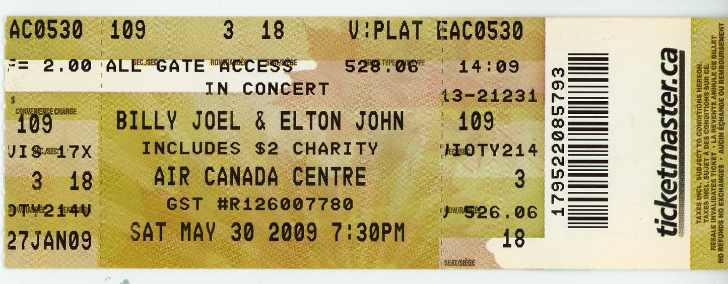 Billy Joel & Elton John Vintage Concert Ticket Stub Air Canada Centre (Toronto, 2009)