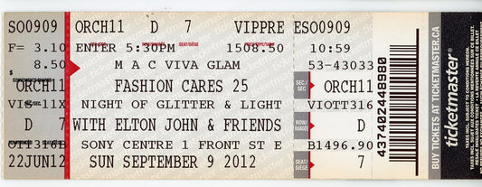 Fashion Cares with Elton John Vintage Concert Ticket Sony Centre (Toronto, 2012)