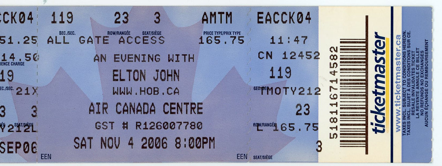Elton John Vintage Concert Ticket Stub Air Canada Centre (Toronto, 2006)