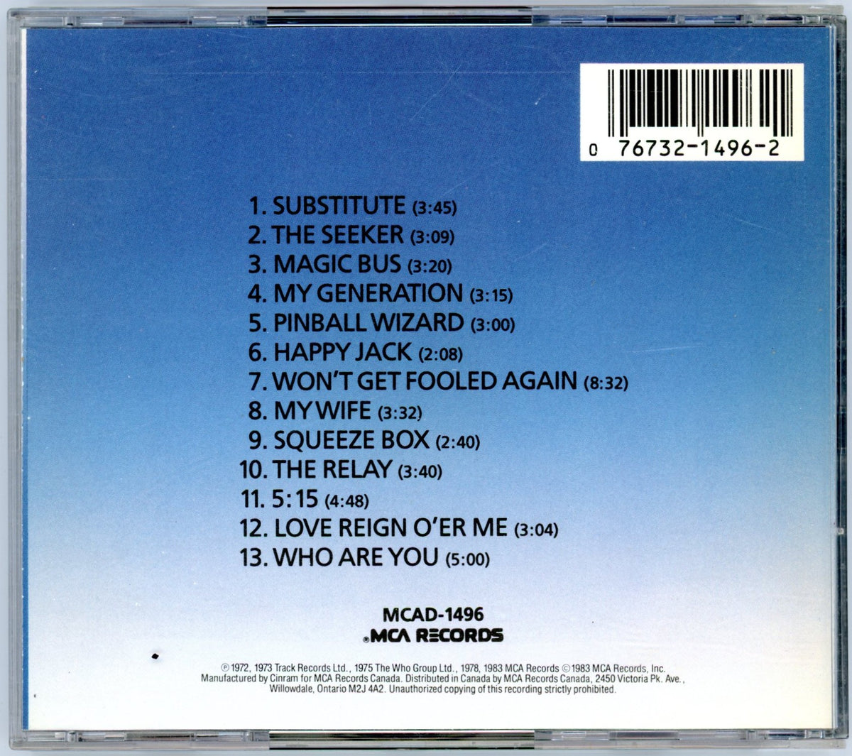 1983 The Who's Greatest Hits (1972) Vintage Compilation Album CD Canada Reissue