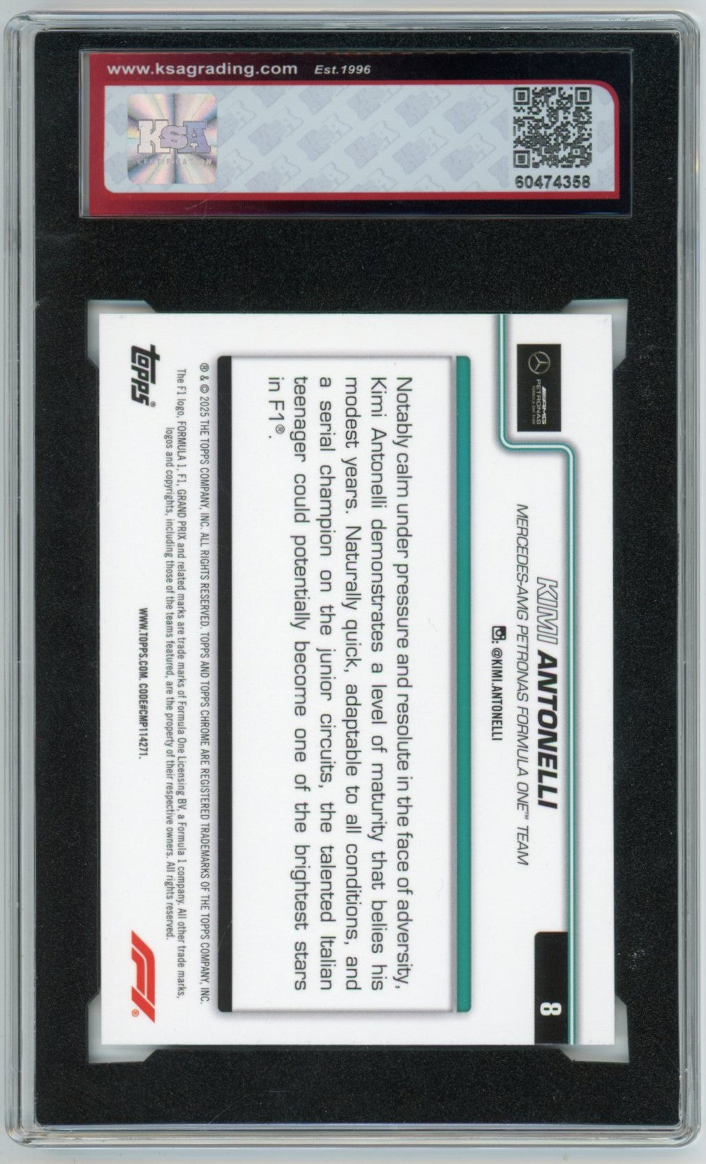 2025 Topps Chrome F1 Formula 1 Kimi Antonelli #8 Graded Rookie Card KSA 10