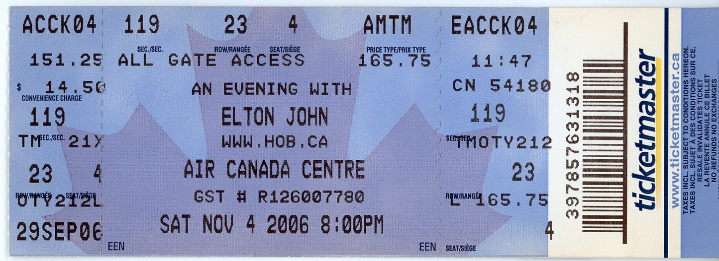 Elton John Vintage Concert Ticket Air Canada Centre (Toronto, 2006)