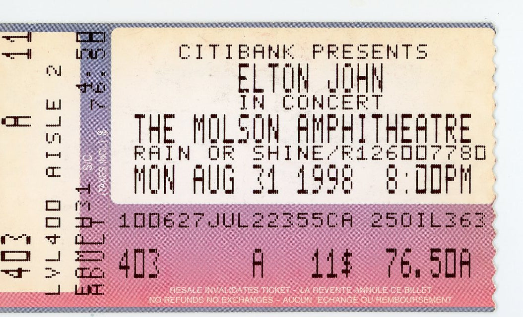 Elton John Vintage Concert Ticket The Molson Amphitheatre (Toronto, 1998)