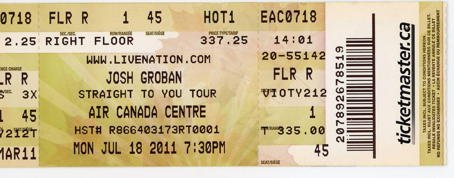 Josh Groban Vintage Concert Ticket Air Canada Centre (Toronto, 2011)