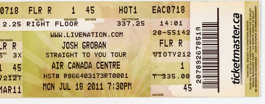 Josh Groban Vintage Concert Ticket Air Canada Centre (Toronto, 2011)