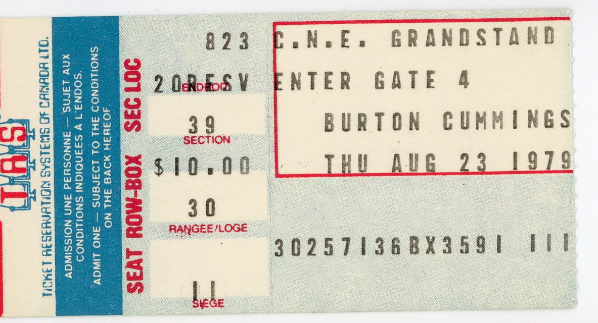 Burton Cummings Vintage Concert Ticket CNE Grandstand (Toronto, 1979)