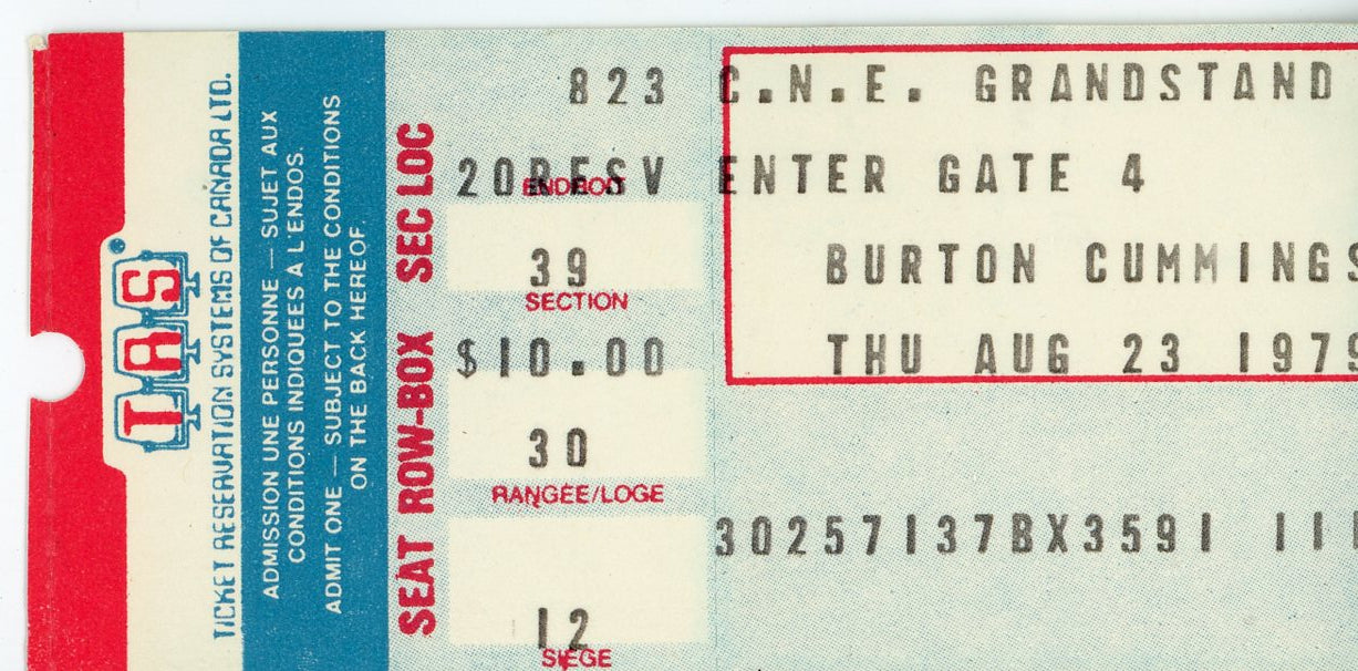 Burton Cummings Vintage Concert Ticket Stub CNE Grandstand (Toronto, 1979)