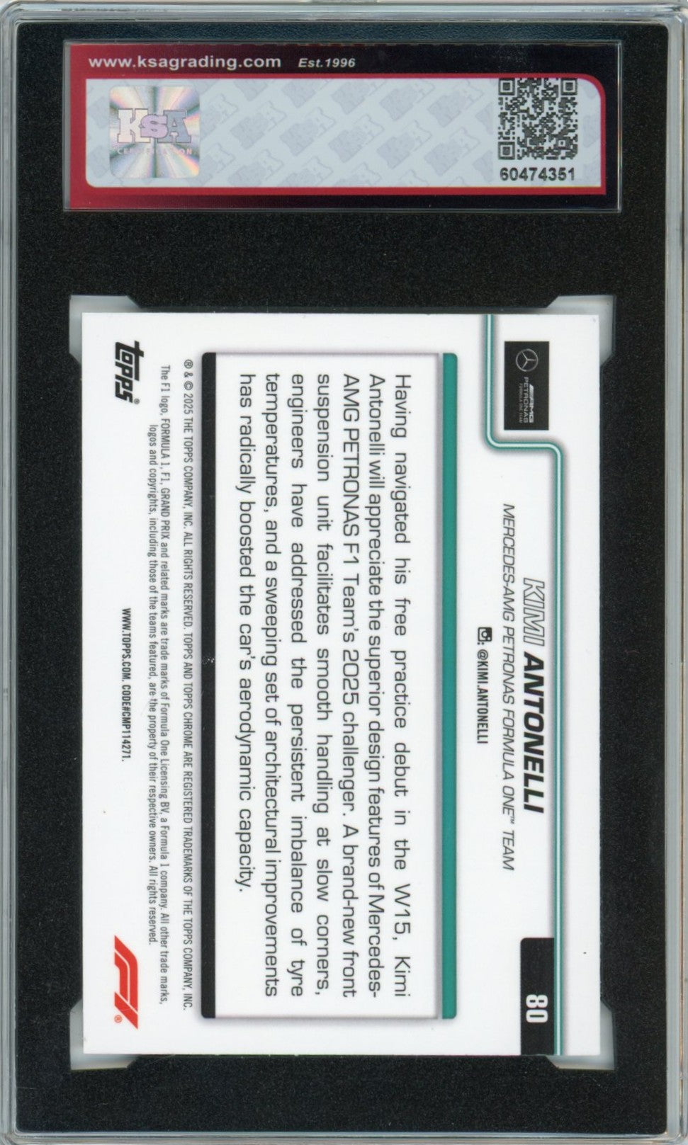 2025 Topps Chrome F1 Formula 1 Kimi Antonelli Car #80 Graded Rookie Card KSA 10