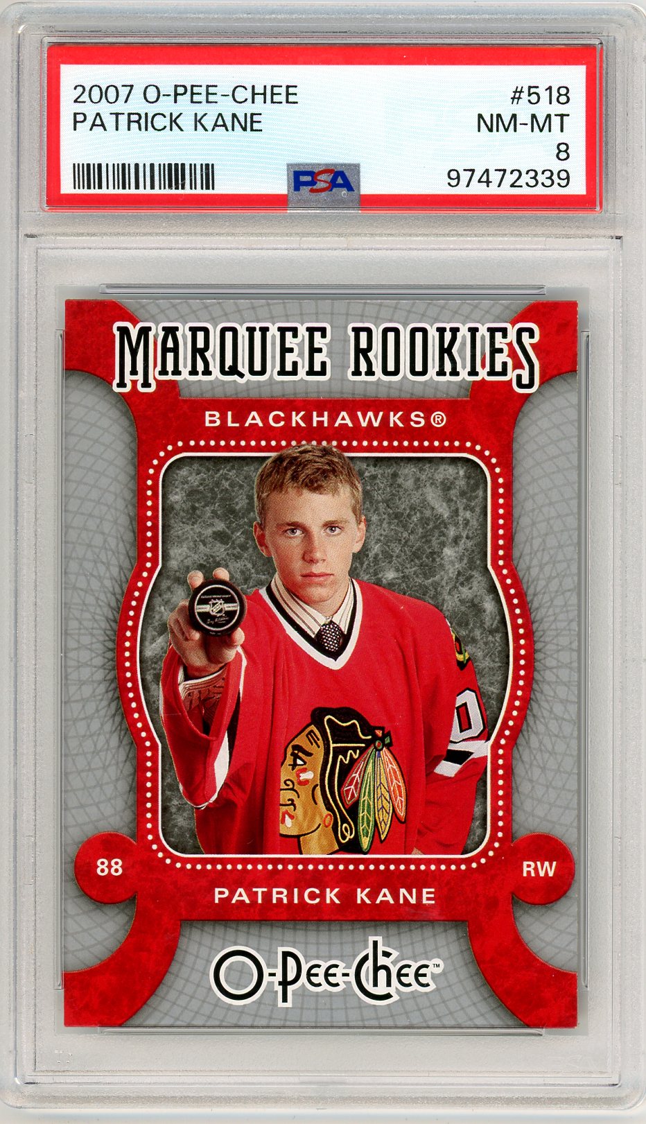 2007 O-Pee-Chee OPC Patrick Kane Marqee Rookie Card #518 PSA 8