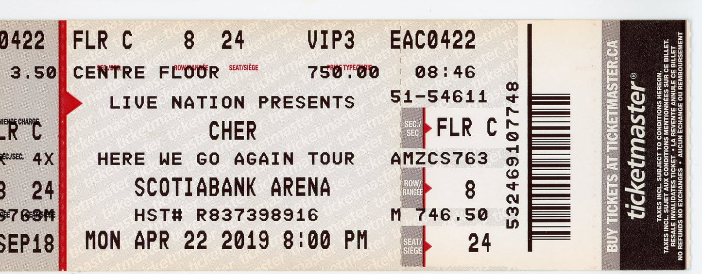 Cher Here We Go Again Tour Concert Ticket Stub Scotiabank Arena (Toronto, 2019)
