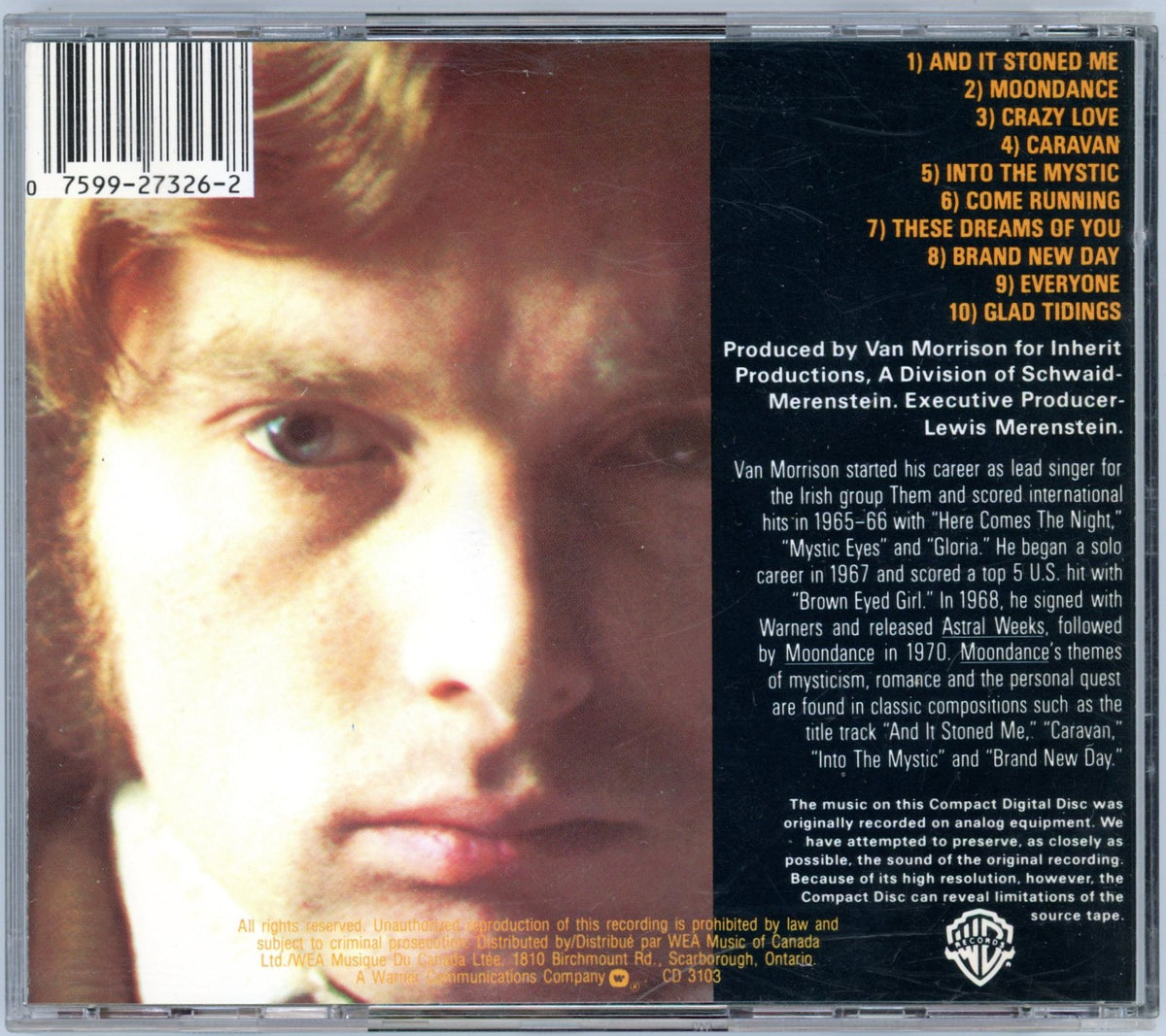 1999 Van Morrison Moondance (1970) Vintage Album CD Canada Reissue