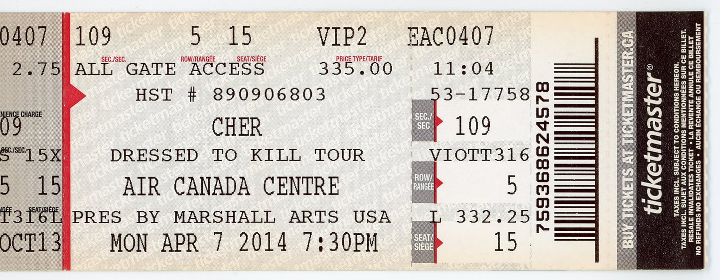 Cher Vintage Concert Ticket Air Canada Centre (Toronto, 2014)