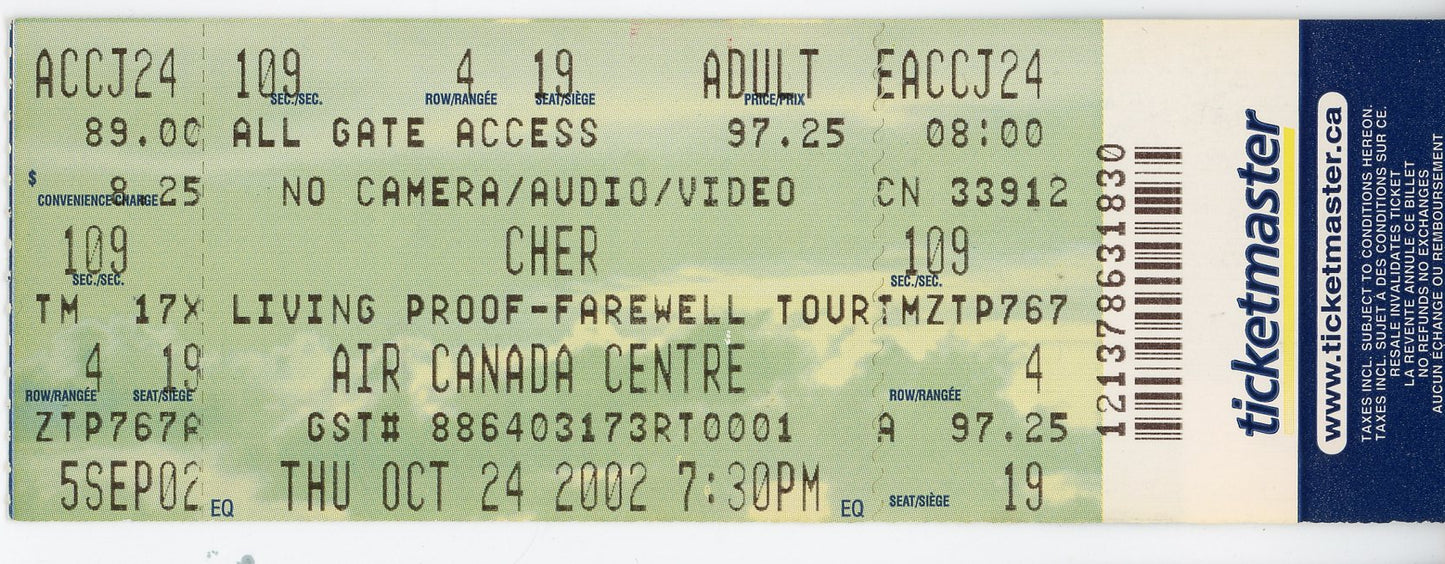 Cher Vintage Concert Ticket Stub Air Canada Centre (Toronto, 2002)