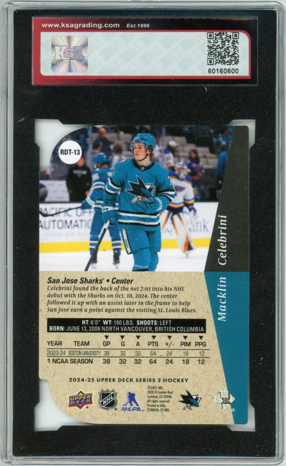 2024/25 Upper Deck Macklin Celebrini Die-Cut #RDT-13 Graded Rookie Card KSA 9