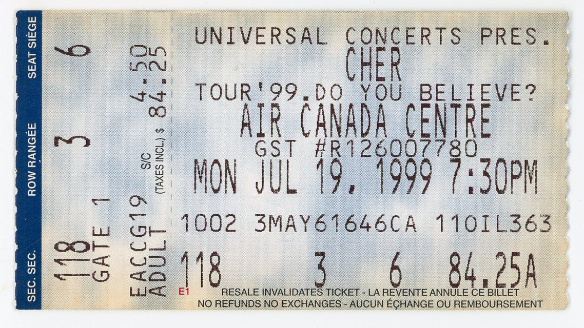 Cher Vintage Concert Ticket Air Canada Centre (Toronto, 1999)