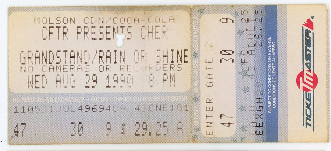 Cher Vintage Concert Ticket CNE Grandstand (Toronto, 1990)