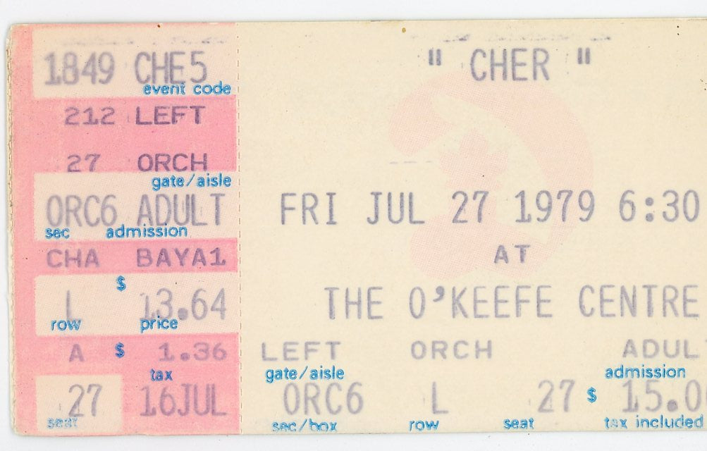 Cher Vintage Concert Ticket Stub The O'Keefe Centre (Toronto, 1979)