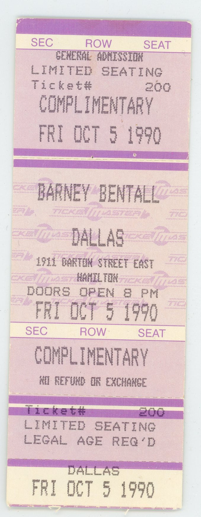 Barney Bentall Vintage Complimentary Ticket Stub (Hamilton, 1990)