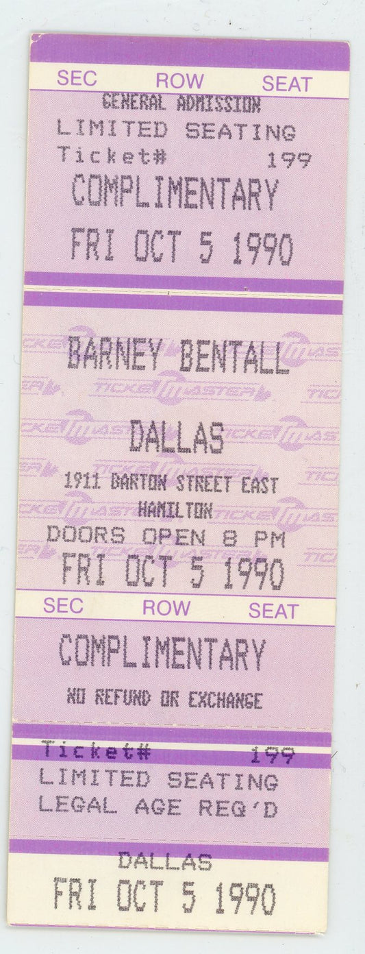 Barney Bentall Vintage Complimentary Concert Ticket Stub (Hamilton, 1990)