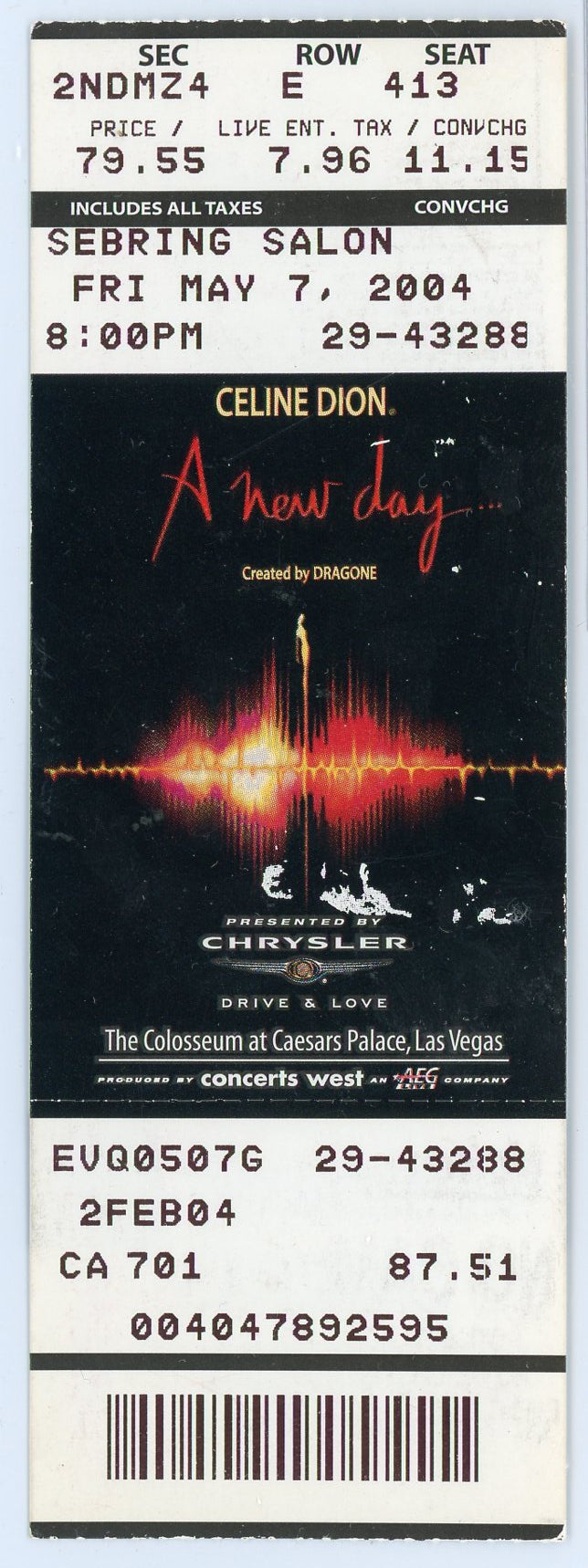 Celine Dion A New Day Tour Concert Stub Caesar's Palace (Las Vegas, 2004)