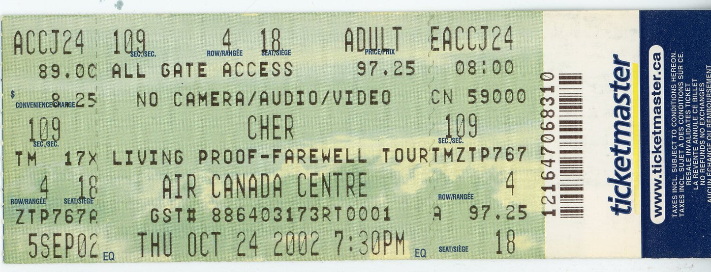 Cher Vintage Concert Ticket Air Canada Centre (Toronto, 2002)