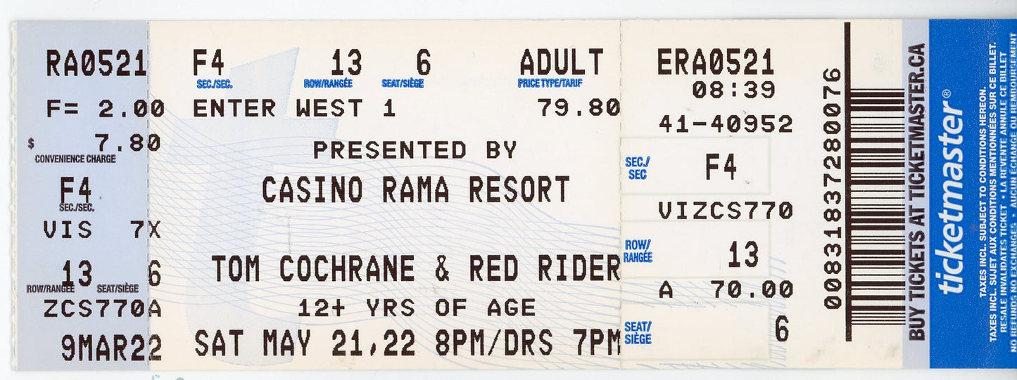 Tom Cochrane & Red Rider Vintage Concert Ticket Stub Casino Rama (Orillia, 2008)