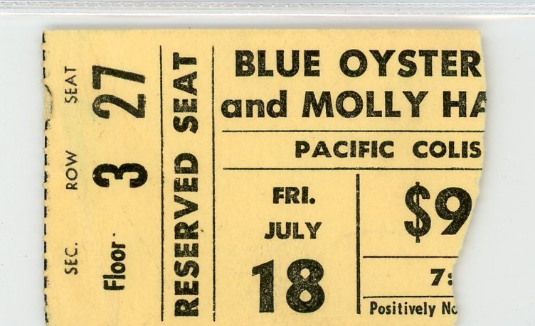 Blue Oyster and Molly Hatchet Vintage Concert Stub (Vancouver, 1980)