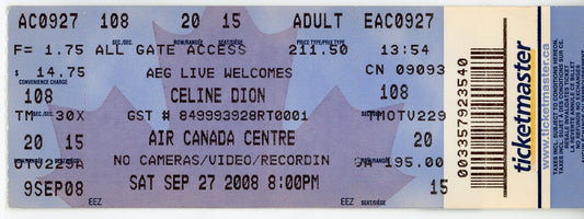 Celine Dion Vintage Concert Ticket Stub Air Canada Centre (Toronto, 2008)