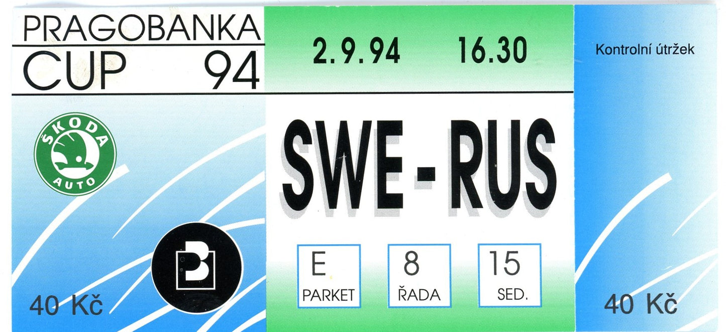 Pragobanka Cup Sweden vs. Russia Vintage Hockey Ticket (February 1994)