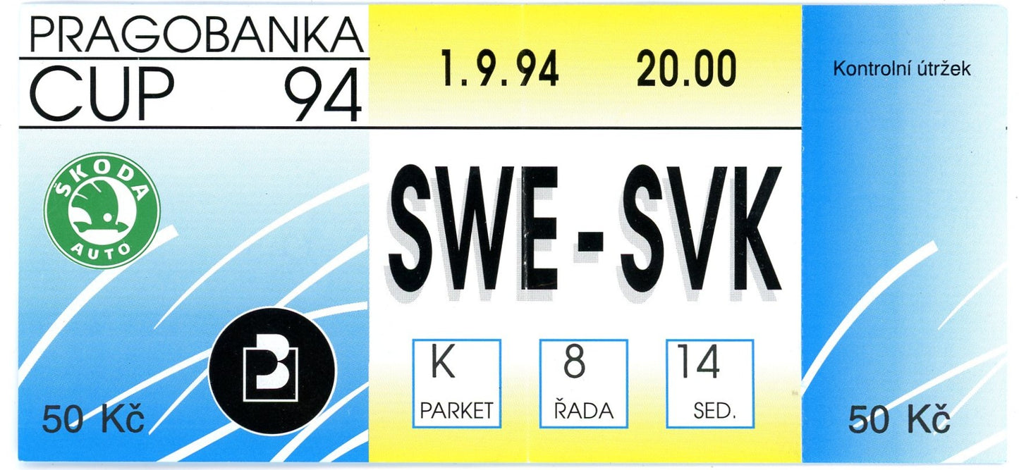 Pragobanka Cup Sweden vs. Slovakia Vintage Hockey Ticket (January 1994)