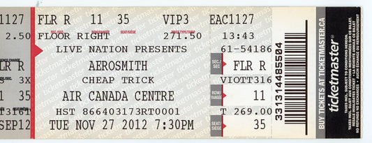 Aerosmith Vintage Concert Ticket Air Canada Centre (Toronto, 2012)