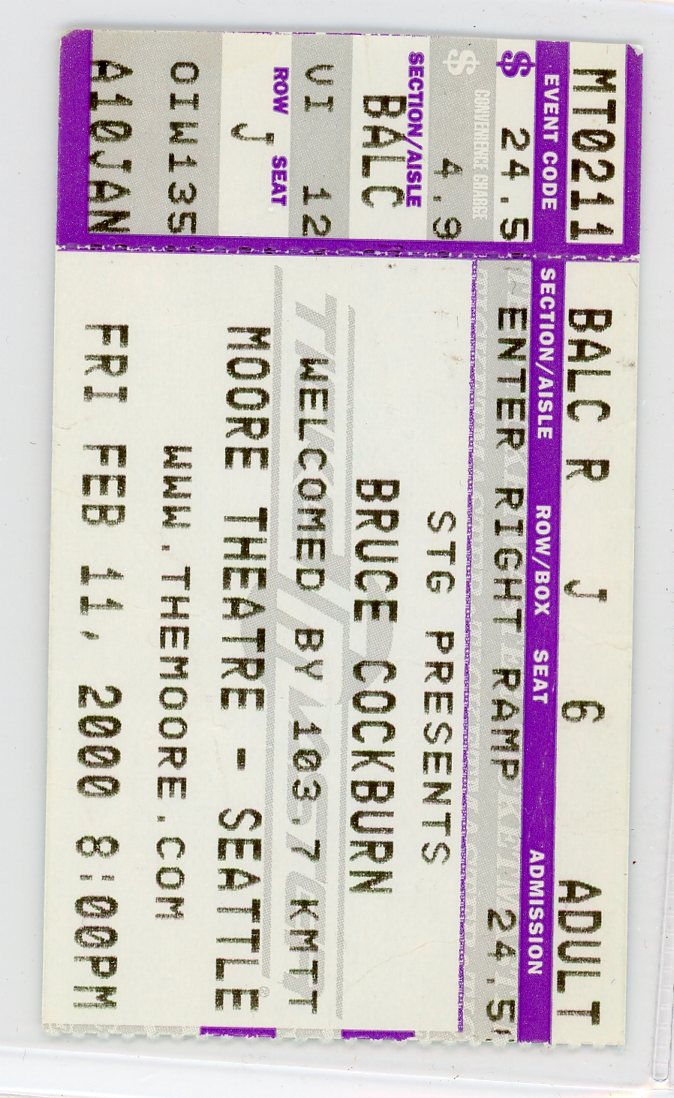 Bruce Cockburn Vintage Concert Stub Moore Theatre (Seattle, 2000)