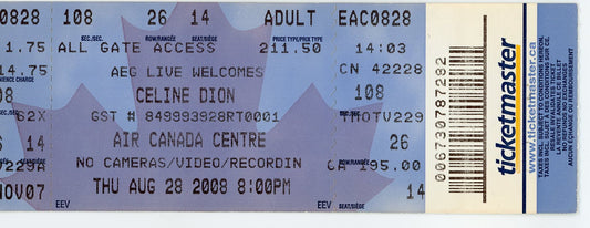 Celine Dion Vintage Concert Ticket Air Canada Centre (Toronto, 2008)